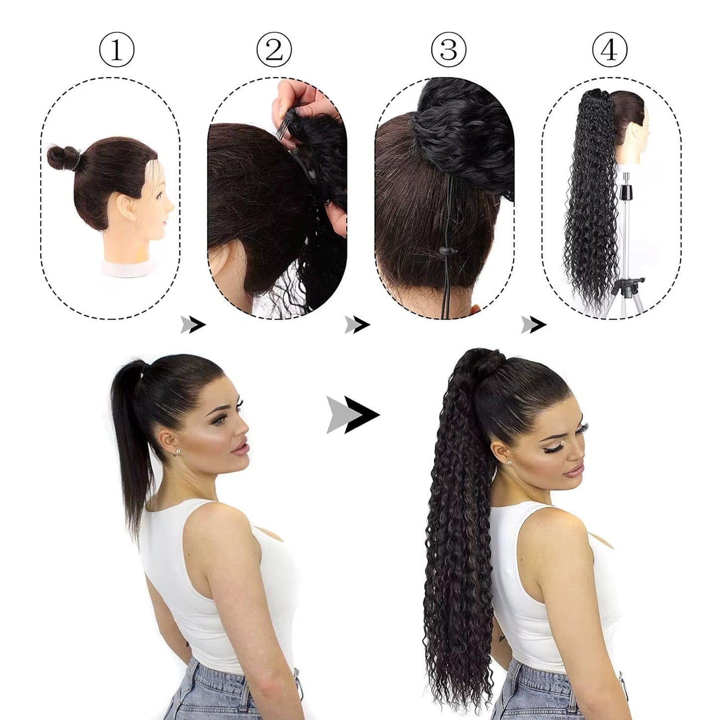 24 Inch Curly Ponytail Extensions Synthetic Deep Wave Drawstring Ponytail for Black Women Human Hair Feeling with Clip