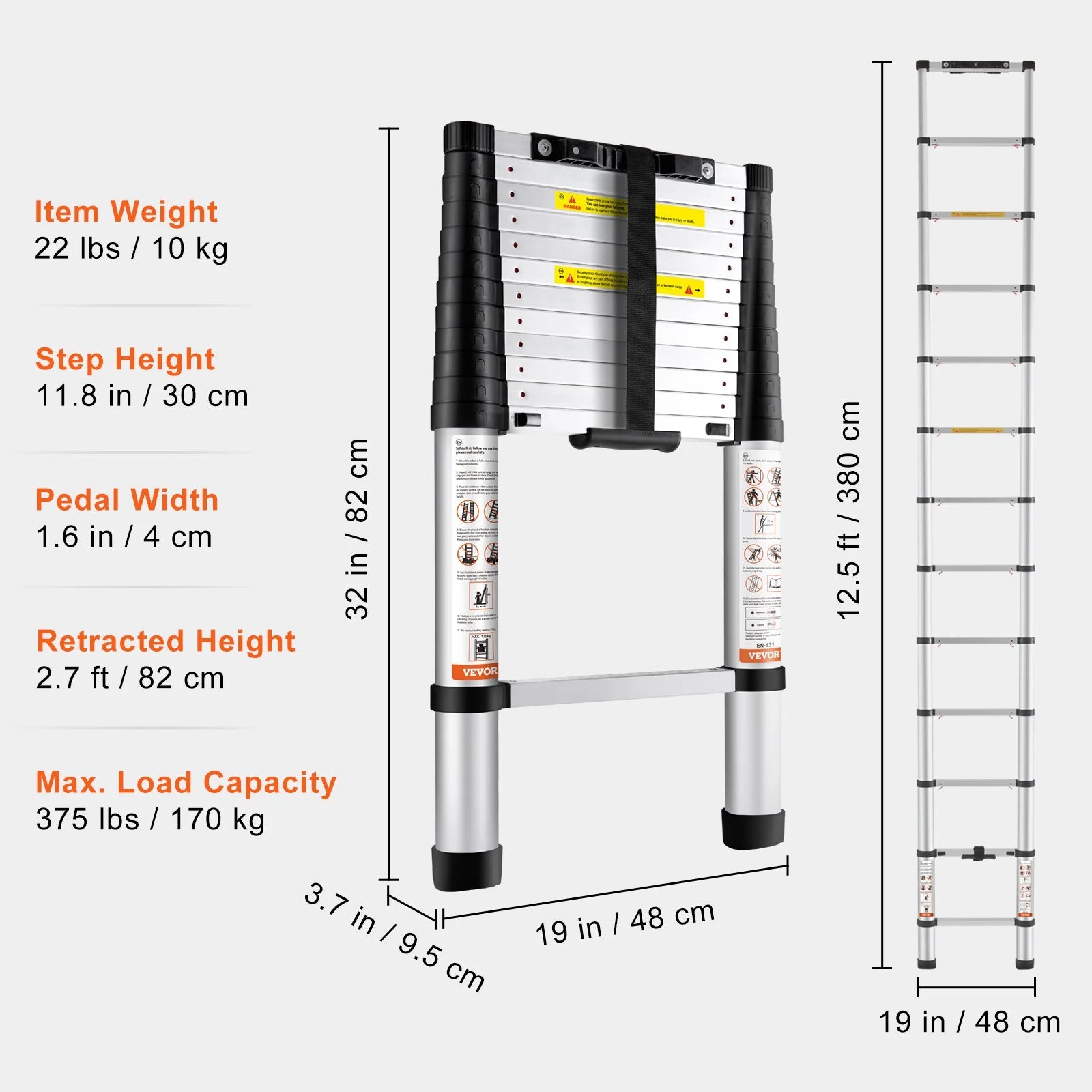 VEVOR Telescoping Ladder Aluminum Extension Step 12.5 Ft Multi-Purpose Portable